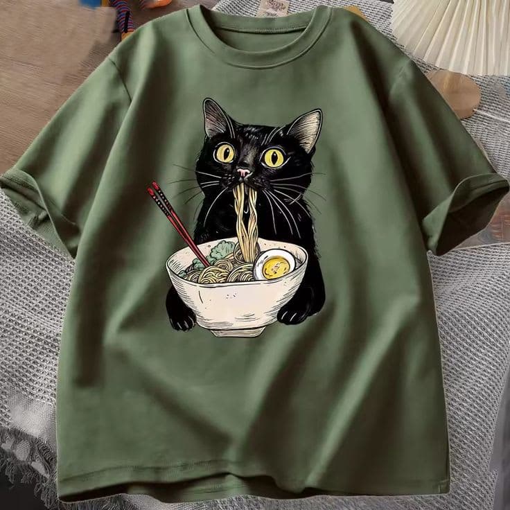 "Ramen Cat Graphic Tee – Olive Green"